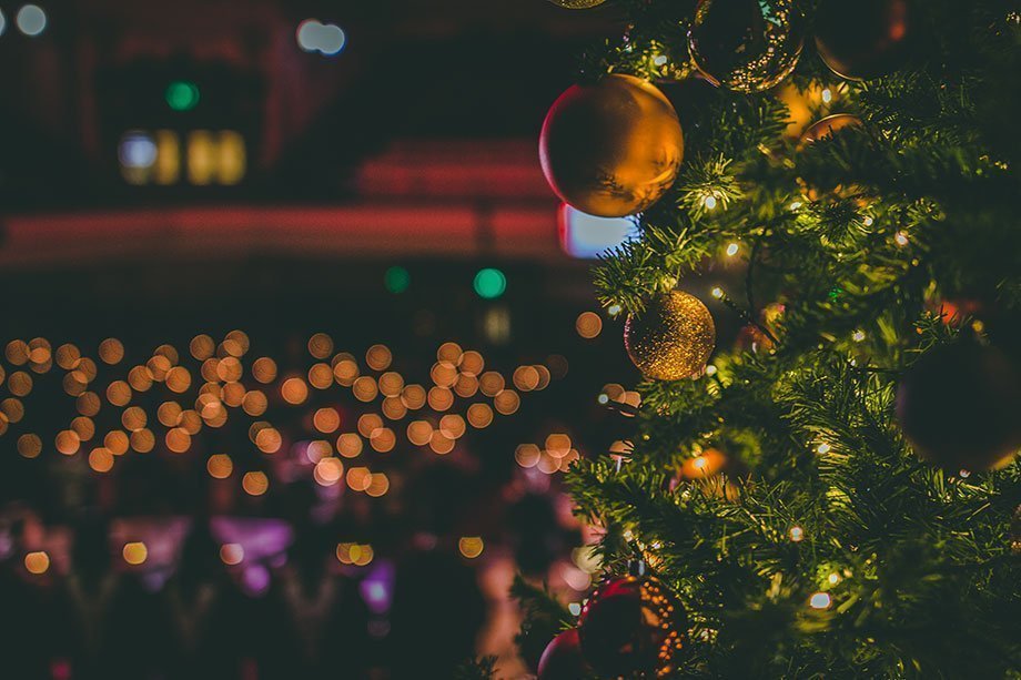 Stock image of gold baubles on a Christmas tree